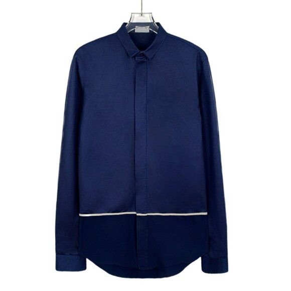 Dior Deep Blue Color-Block Cotton Collared Long Sleeve Shirt - Picture 1 of 7